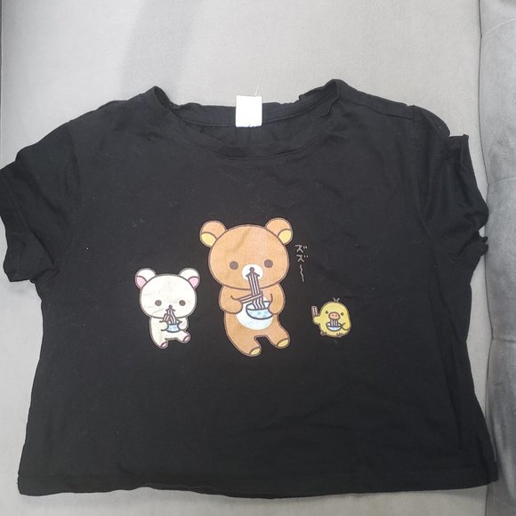 San X Rilakkuma- Korilakkuma and Kiiroitori Cropped Tee Black Size S - Picture 5 of 9